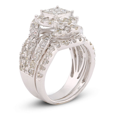 14K White Gold Natural Diamond Halo Flower Cluster Centre Princess Cut 3.13CT Women Ring with Band