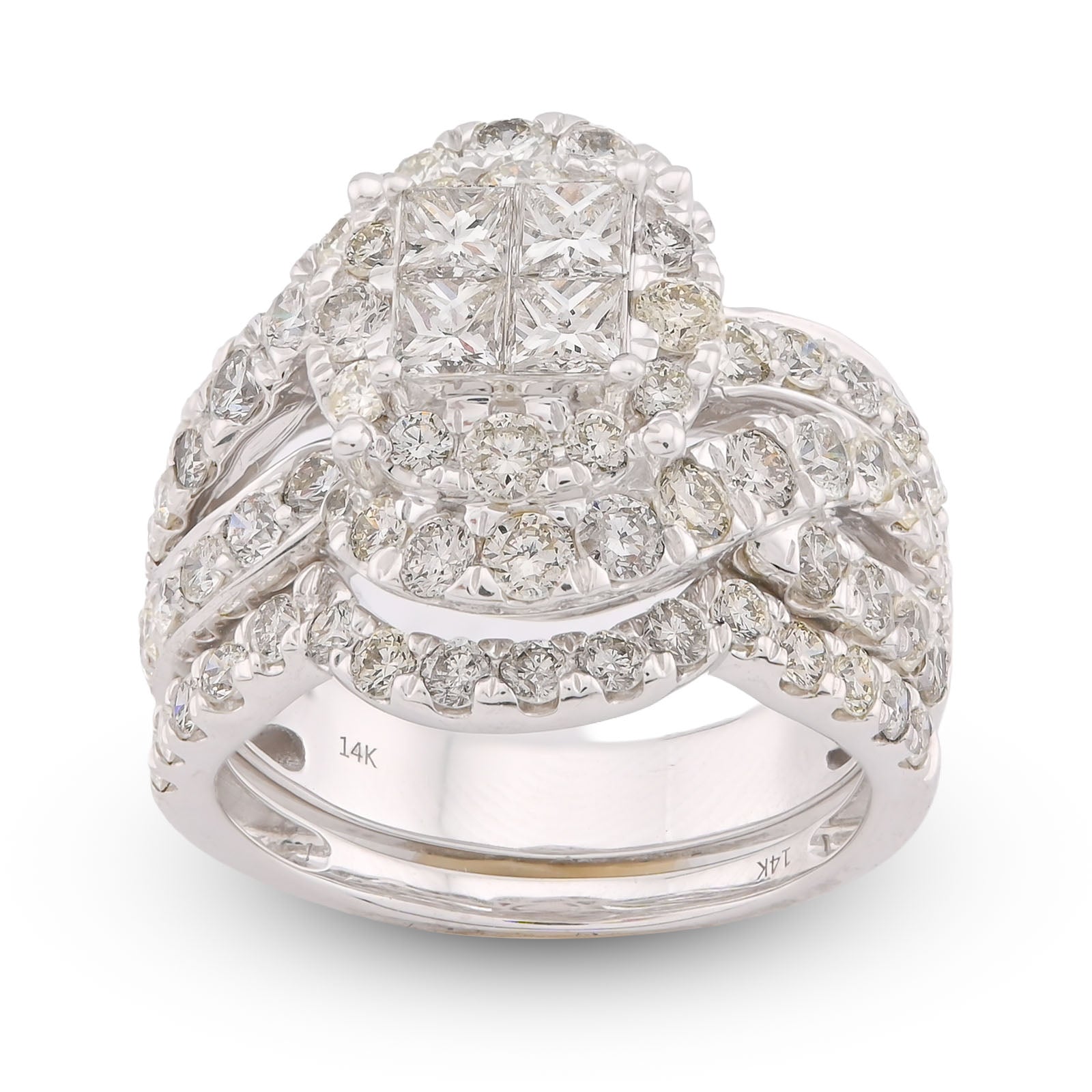 14K White Gold Natural Diamond Halo Flower Cluster Centre Princess Cut 3.13CT Women Ring with Band