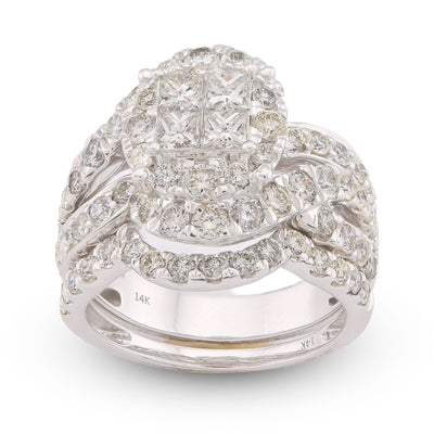 14K White Gold Natural Diamond Halo Flower Cluster Centre Princess Cut 3.13CT Women Ring with Band