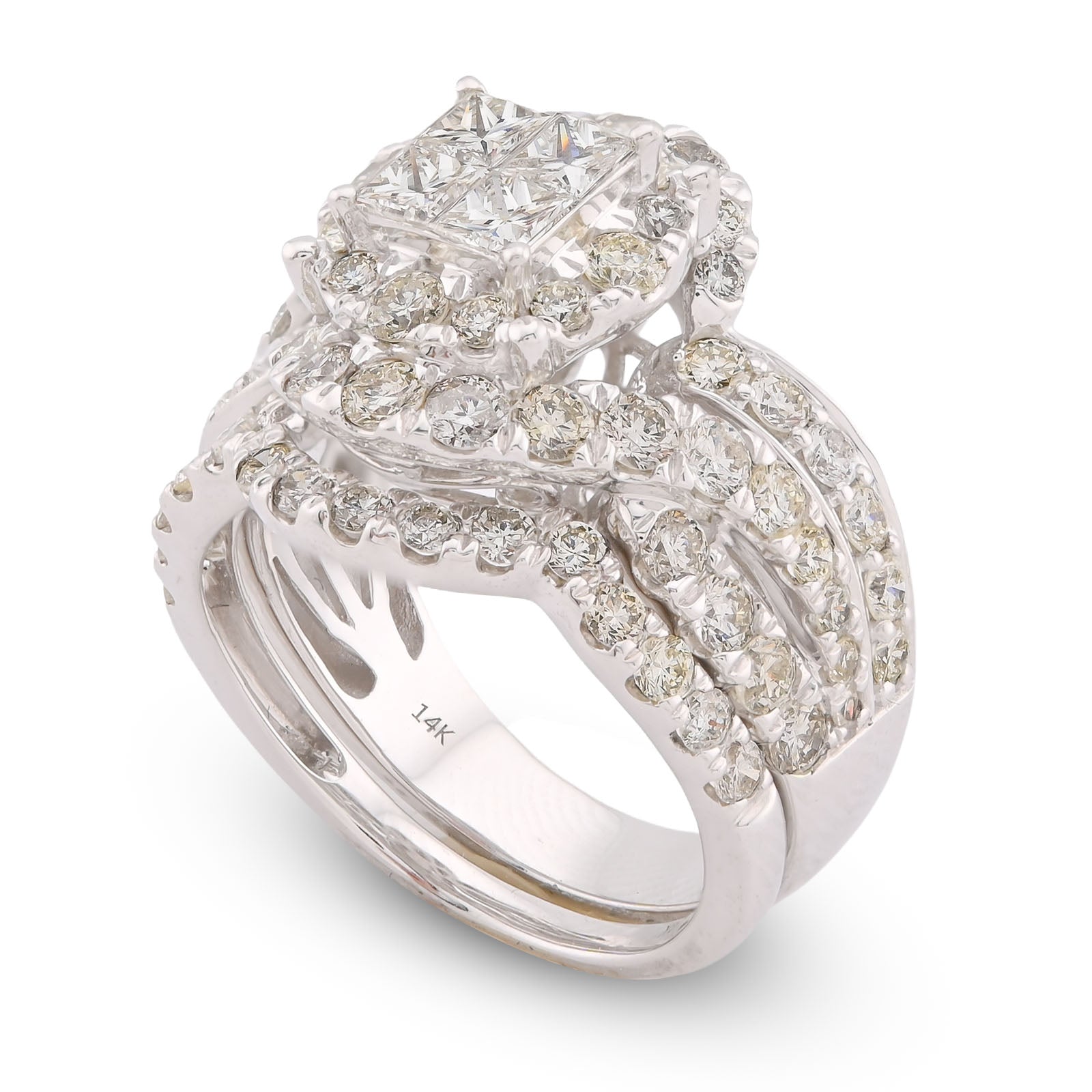 14K White Gold Natural Diamond Halo Flower Cluster Centre Princess Cut 3.13CT Women Ring with Band