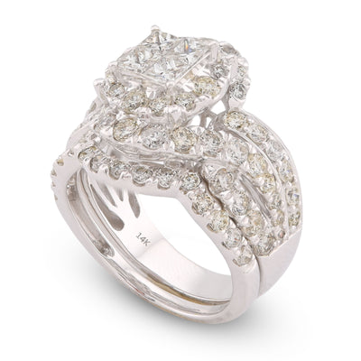 14K White Gold Natural Diamond Halo Flower Cluster Centre Princess Cut 3.13CT Women Ring with Band