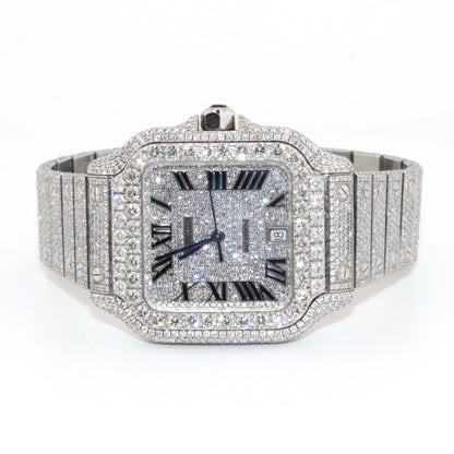 Cartier 40mm Iced Out Roman Dial All White 2 Row Diamond Bezel