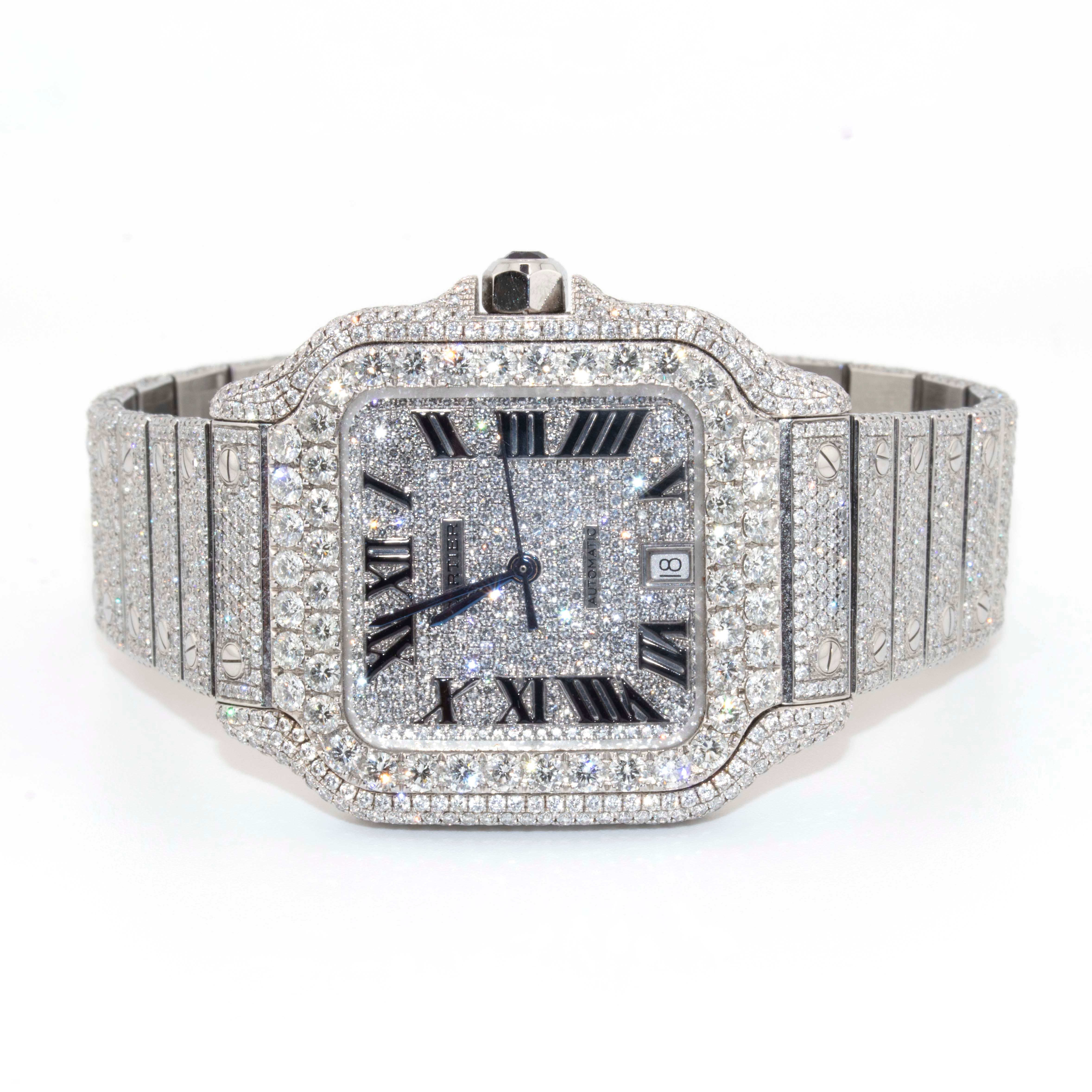 Cartier 40mm Iced Out Roman Dial All White 2 Row Diamond Bezel