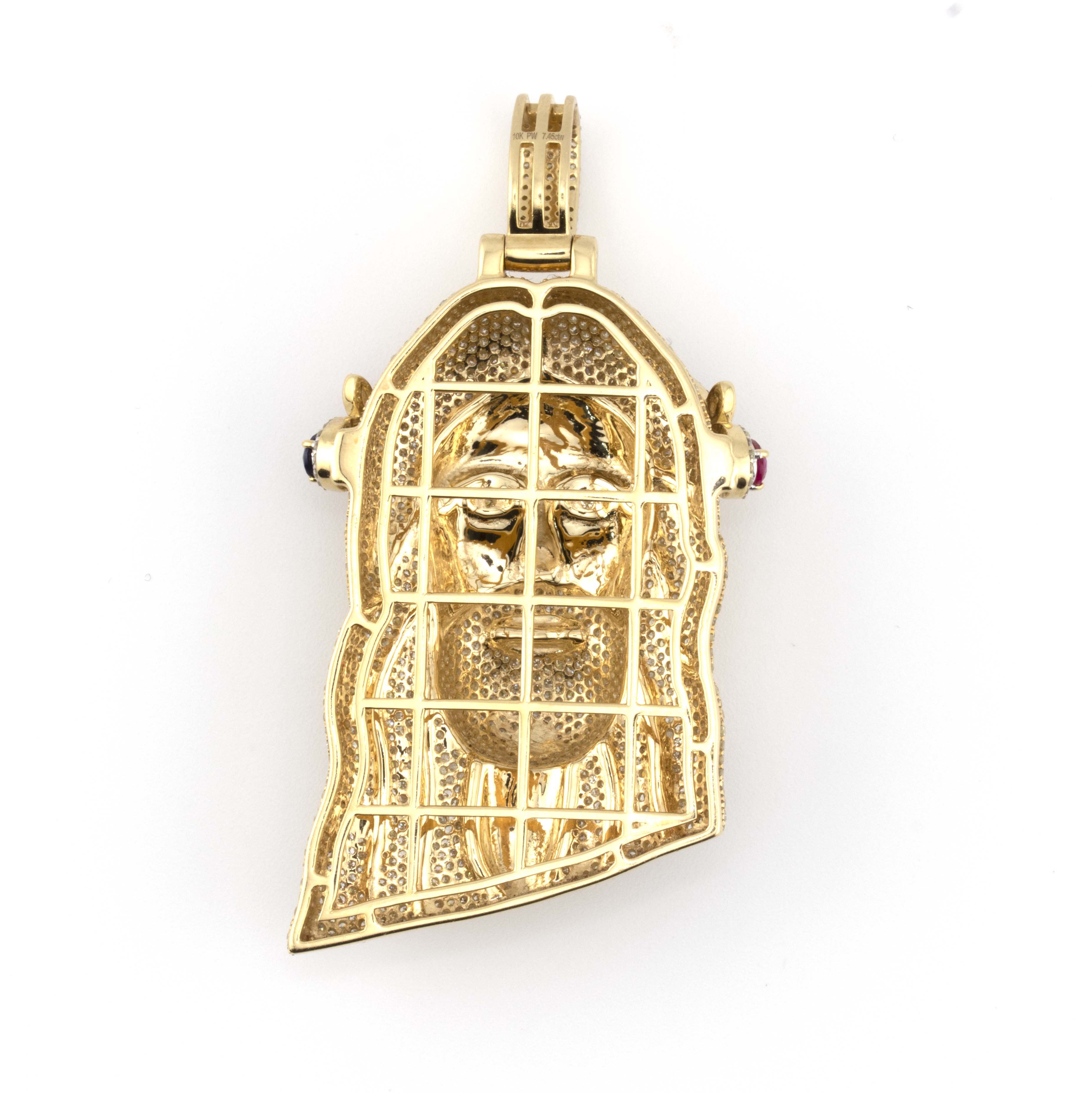 10K Yellow Gold Ruby and Sapphire Crown Jesus 7.45CT Diamond Pendant