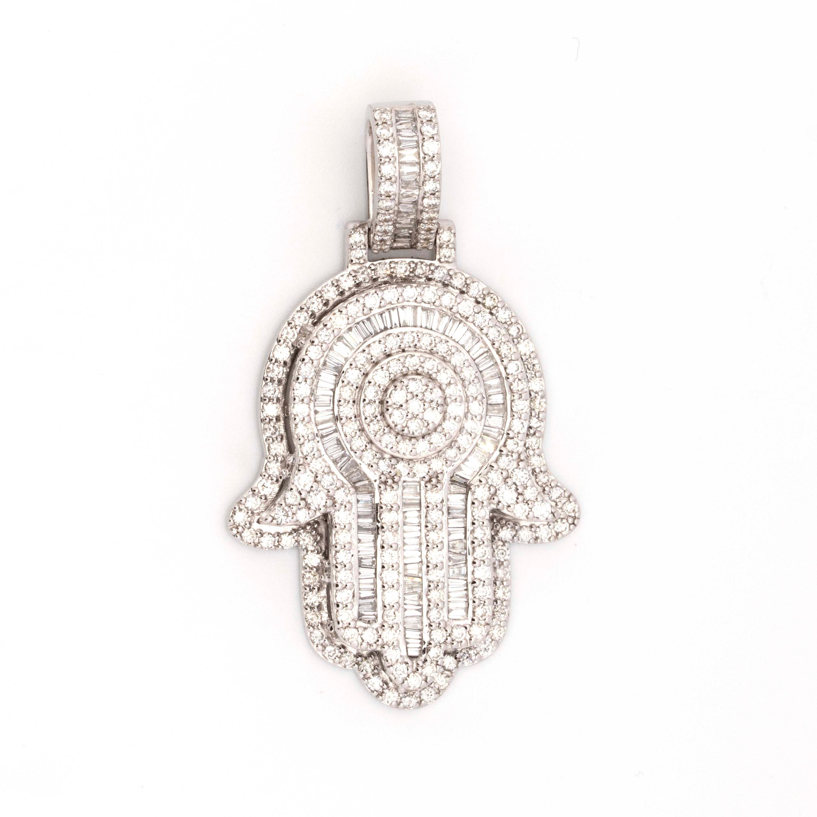 10K White Gold 3.21CT Baguette and Round Diamond Hamza Pendant