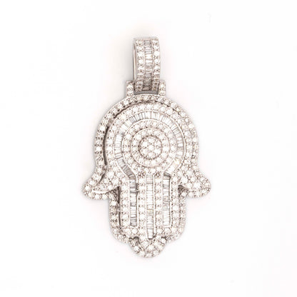 10K White Gold 3.21CT Baguette and Round Diamond Hamza Pendant