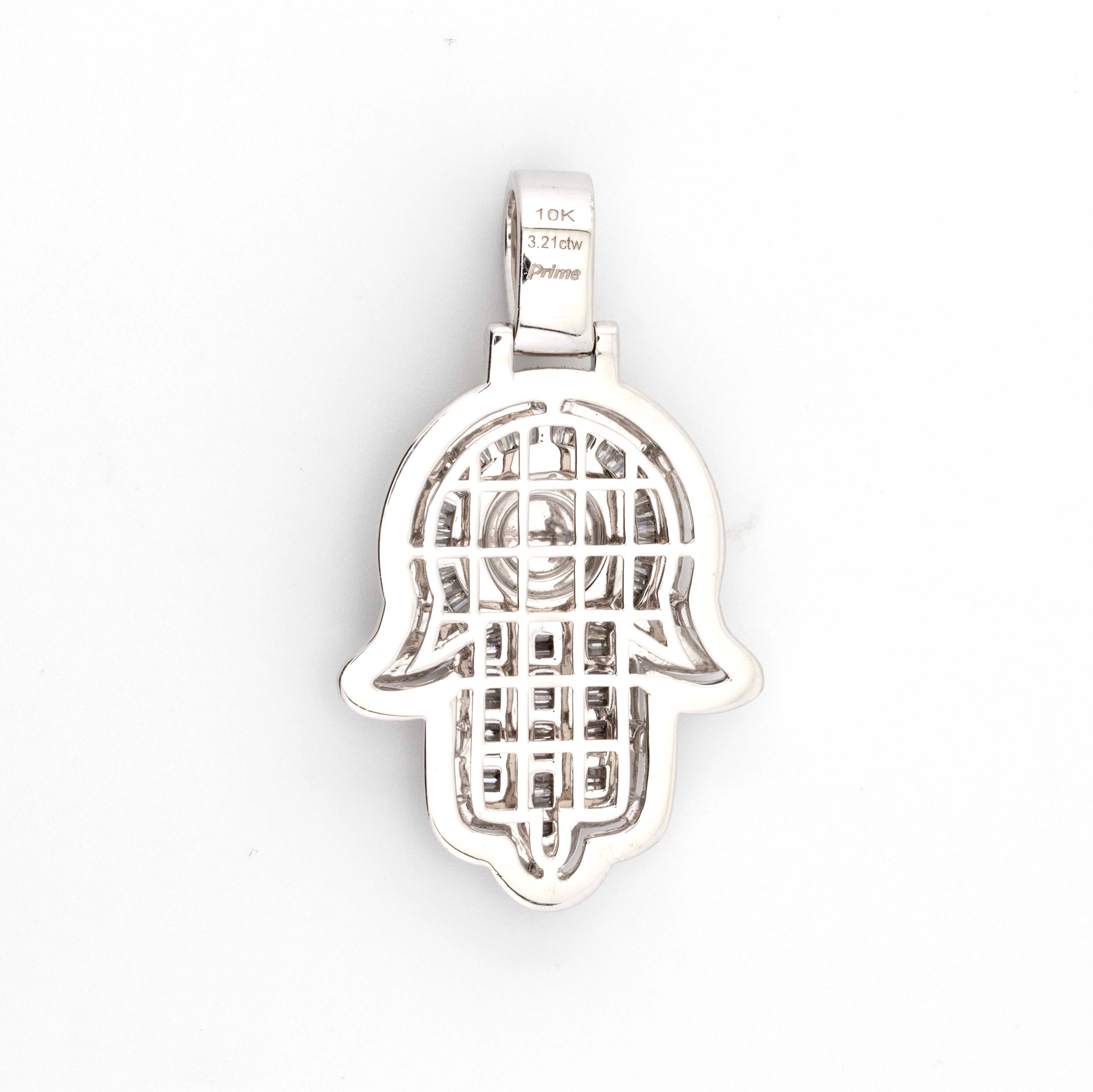 10K White Gold 3.21CT Baguette and Round Diamond Hamza Pendant