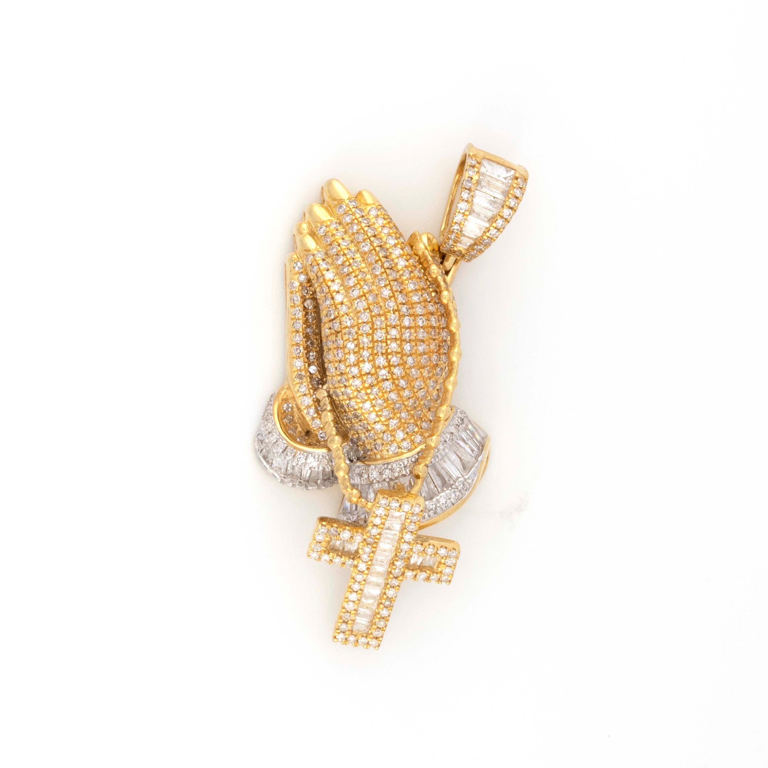 10k Yellow / White Gold 1.50CT Baguette and Round Diamond Praying Hands with Dangling Rosary Cross