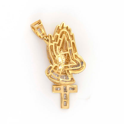 10k Yellow / White Gold 1.50CT Baguette and Round Diamond Praying Hands with Dangling Rosary Cross