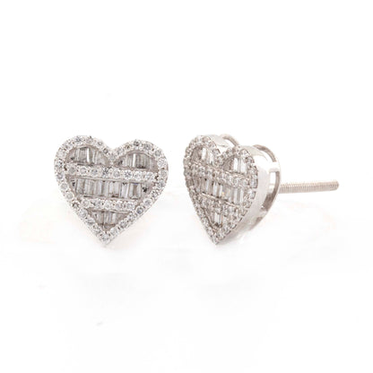 10k White Gold Baguette & Round Diamond Heart Earrings (10mm)