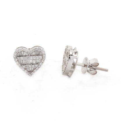 10k White Gold Baguette & Round Diamond Heart Earrings (10mm)