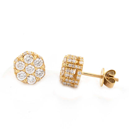 10k Yellow Gold Round Diamond Flower Studs with Side Iced (9mm)