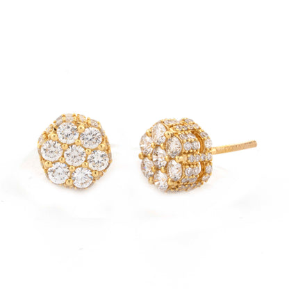 10k Yellow Gold Round Diamond Flower Studs with Side Iced (9mm)
