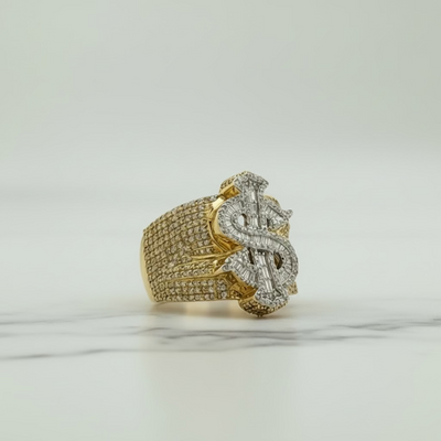 10K Yellow Gold Baguette Round Natural Diamond "$" Dollar Ring