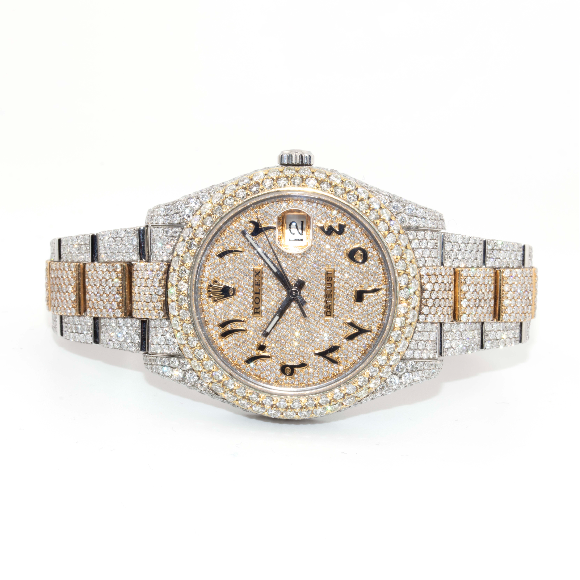 41mm Rolex Datejust II – Iced Out Yellow Two-Tone with Arabic Dial & 2-Row Diamond Bezel