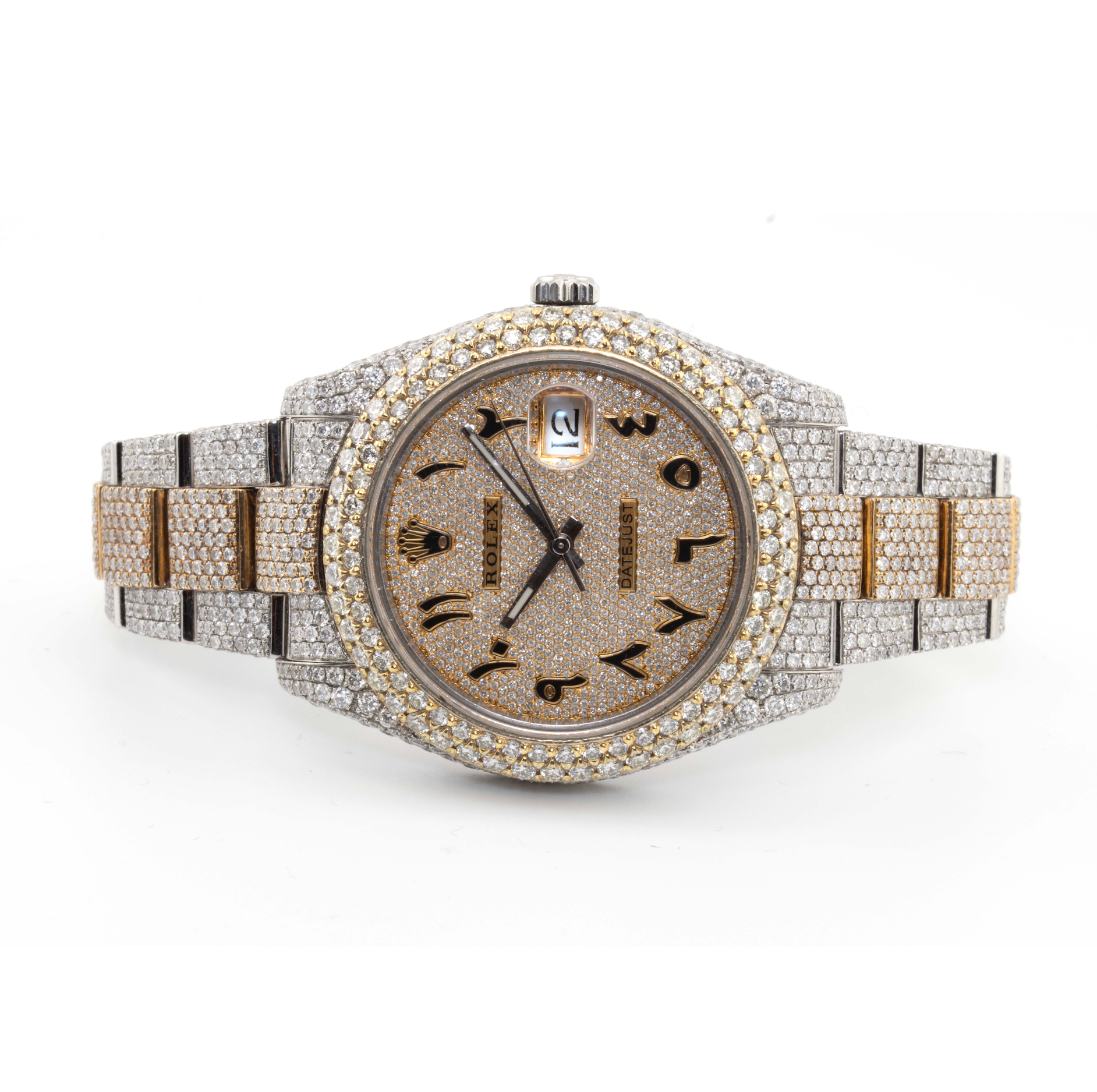 41mm Rolex Datejust II – Iced Out Yellow Two-Tone with Arabic Dial & 2-Row Diamond Bezel