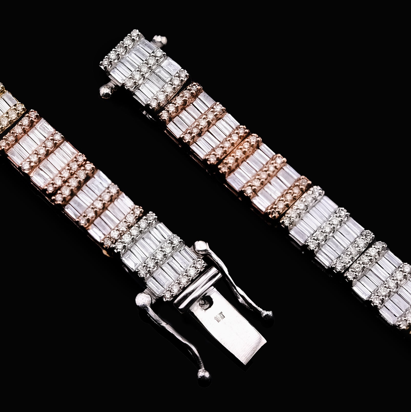 10K Yellow, White and Rose Gold Tricolor 18.50 CTW Baguette Diamond Tennis Necklace 23.5"
