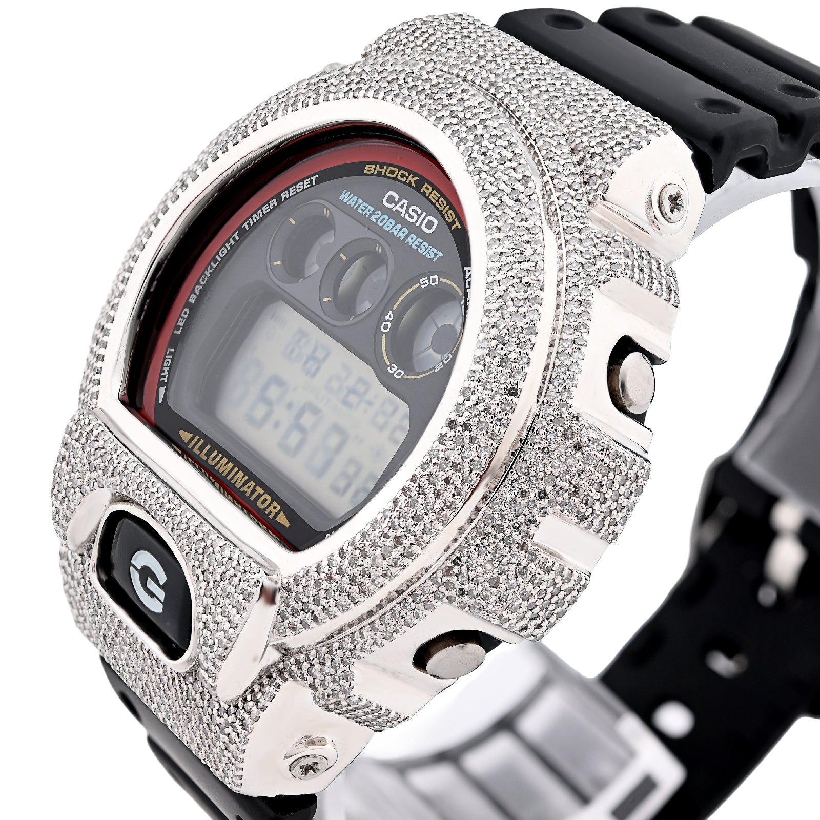 Digital watch with a diamond-studded casing on a white background