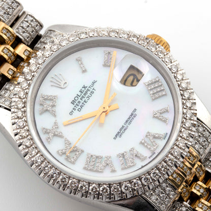 Rolex 36mm Datejust TwoTone Fully Iced Out Yellow Jubliee Band Single Row Natural Diamond Bezel MOP Roman Diamond Dial