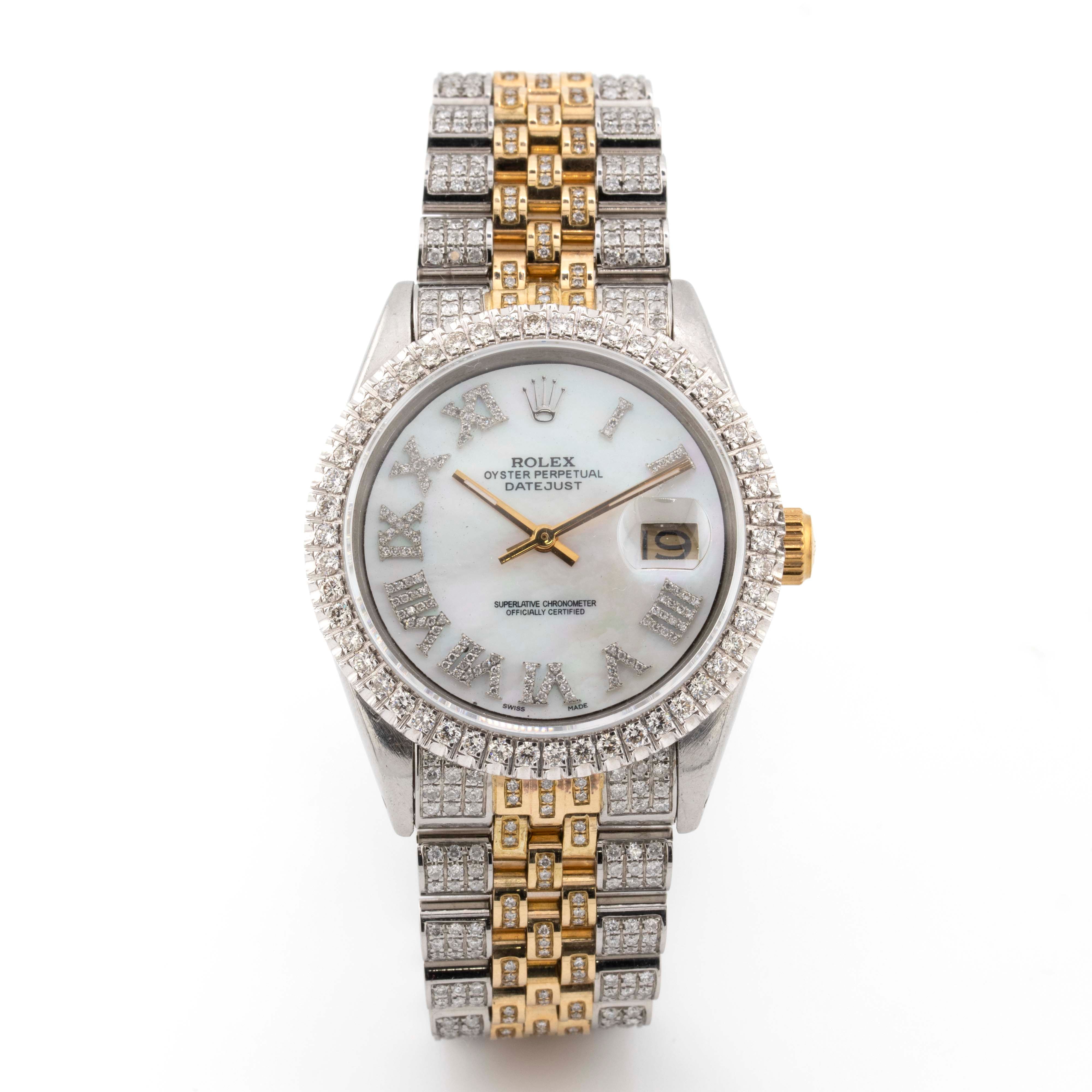 Rolex 36mm Datejust TwoTone Fully Iced Out Yellow Jubliee Band Single Row Natural Diamond Bezel MOP Roman Diamond Dial