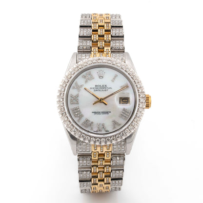 Rolex 36mm Datejust TwoTone Fully Iced Out Yellow Jubliee Band Single Row Natural Diamond Bezel MOP Roman Diamond Dial