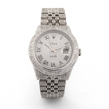 Rolex 36mm Datejust Fully Iced Out All White Jubilee Band Two Row Diamond Bezel Dial
