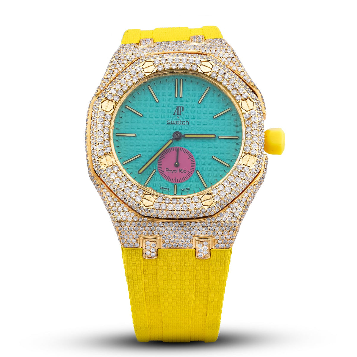 AP x Swatch Royal Pop Natural Diamond Customized 5.5CT Yellow Strap Tiffany Blue Dial Watch - Elite Jewelers-Luxury Watch