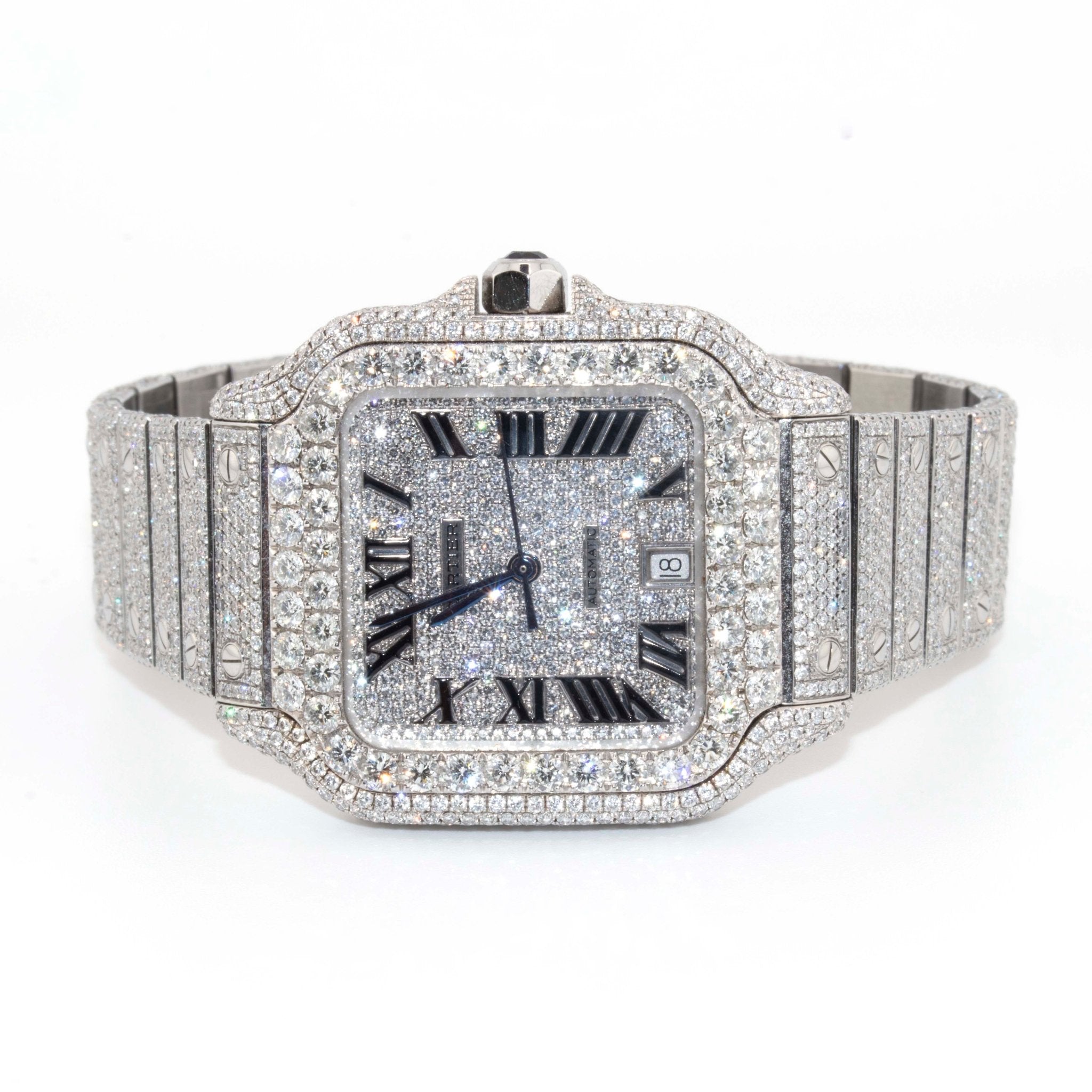 Cartier 40mm Iced Out Roman Dial All White 2 Row Diamond Bezel - Elite Jewelers - Luxury Watch