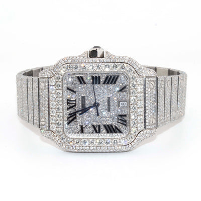 Cartier 40mm Iced Out Roman Dial All White 2 Row Diamond Bezel - Elite Jewelers - Luxury Watch
