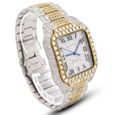Cartier Santos 2 Tone Yellow & White 40MM 18CT Lab Diamond Watch - Elite Jewelers - Luxury Watch