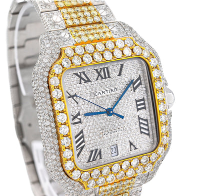 Cartier Santos 2 Tone Yellow & White 40MM 18CT Lab Diamond Watch - Elite Jewelers - Luxury Watch