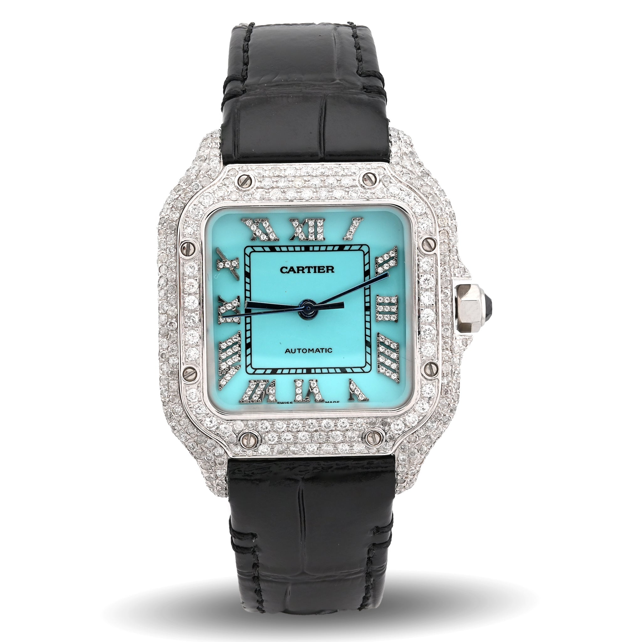 Cartier Santos 35MM 4.5CTW Natural Diamond Leather Strap Band Tiffany Blue Face Watch - Elite Jewelers - Luxury Watch