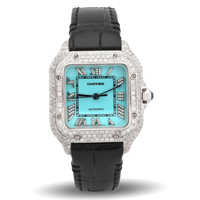 Cartier Santos 35MM 4.5CTW Natural Diamond Leather Strap Band Tiffany Blue Face Watch - Elite Jewelers - Luxury Watch