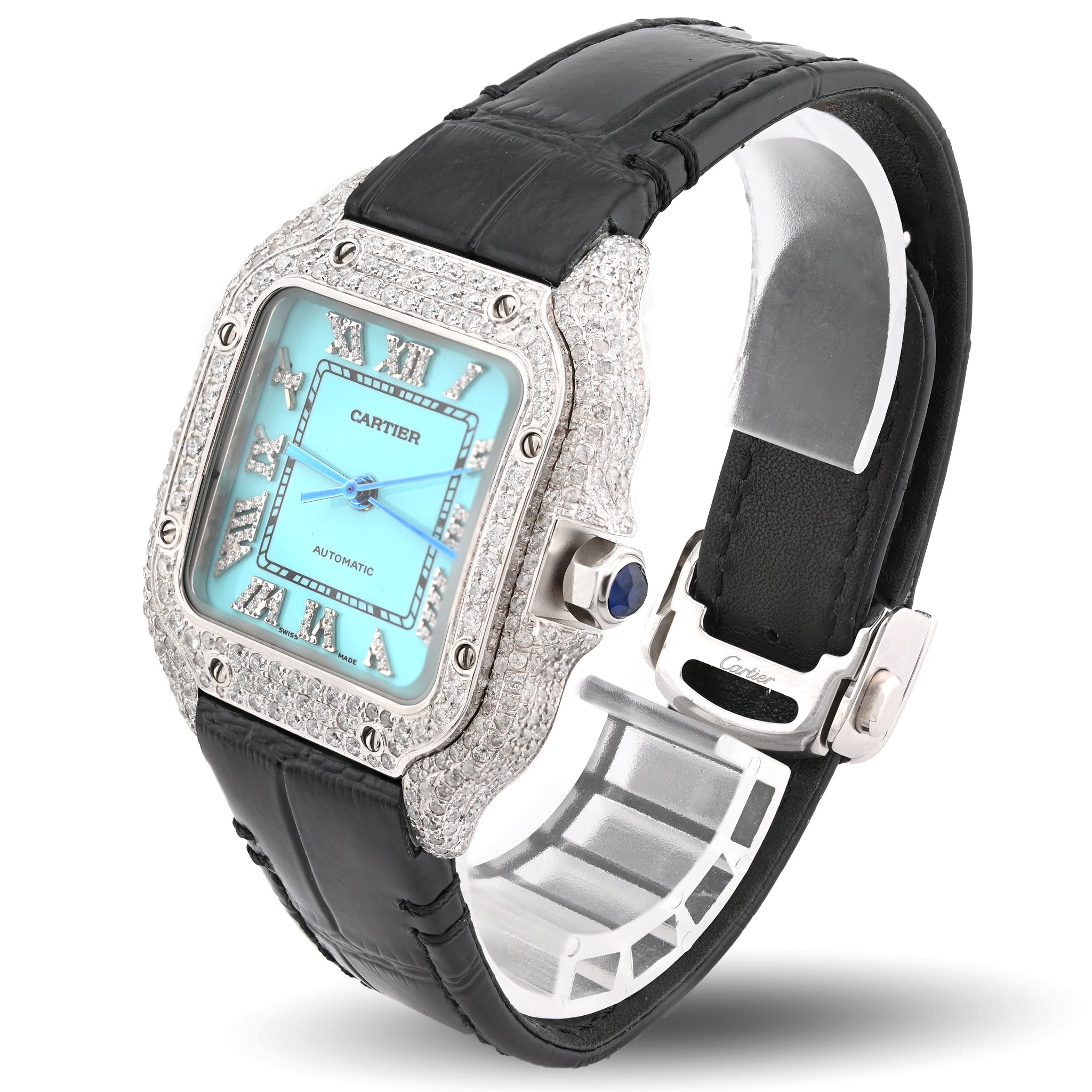 Cartier Santos 35MM 4.5CTW Natural Diamond Leather Strap Band Tiffany Blue Face Watch - Elite Jewelers - Luxury Watch