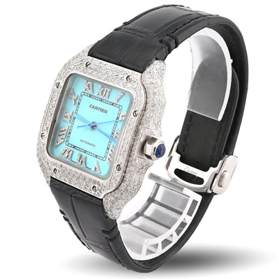 Cartier Santos 35MM 4.5CTW Natural Diamond Leather Strap Band Tiffany Blue Face Watch - Elite Jewelers - Luxury Watch