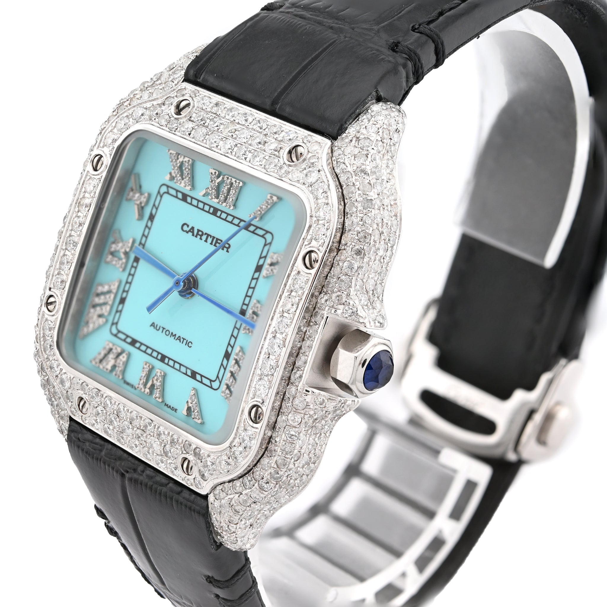 Cartier Santos 35MM 4.5CTW Natural Diamond Leather Strap Band Tiffany Blue Face Watch - Elite Jewelers - Luxury Watch