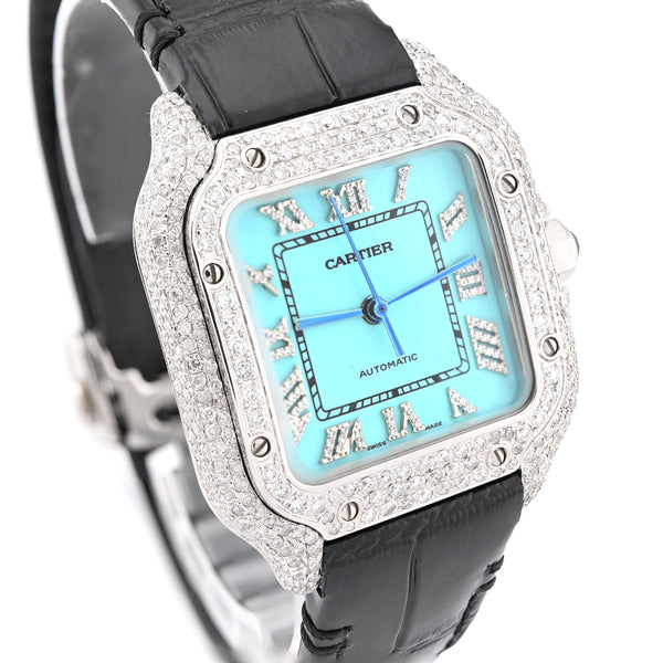 Cartier Santos 35MM 4.5CTW Natural Diamond Leather Strap Band Tiffany Blue Face Watch - Elite Jewelers - Luxury Watch