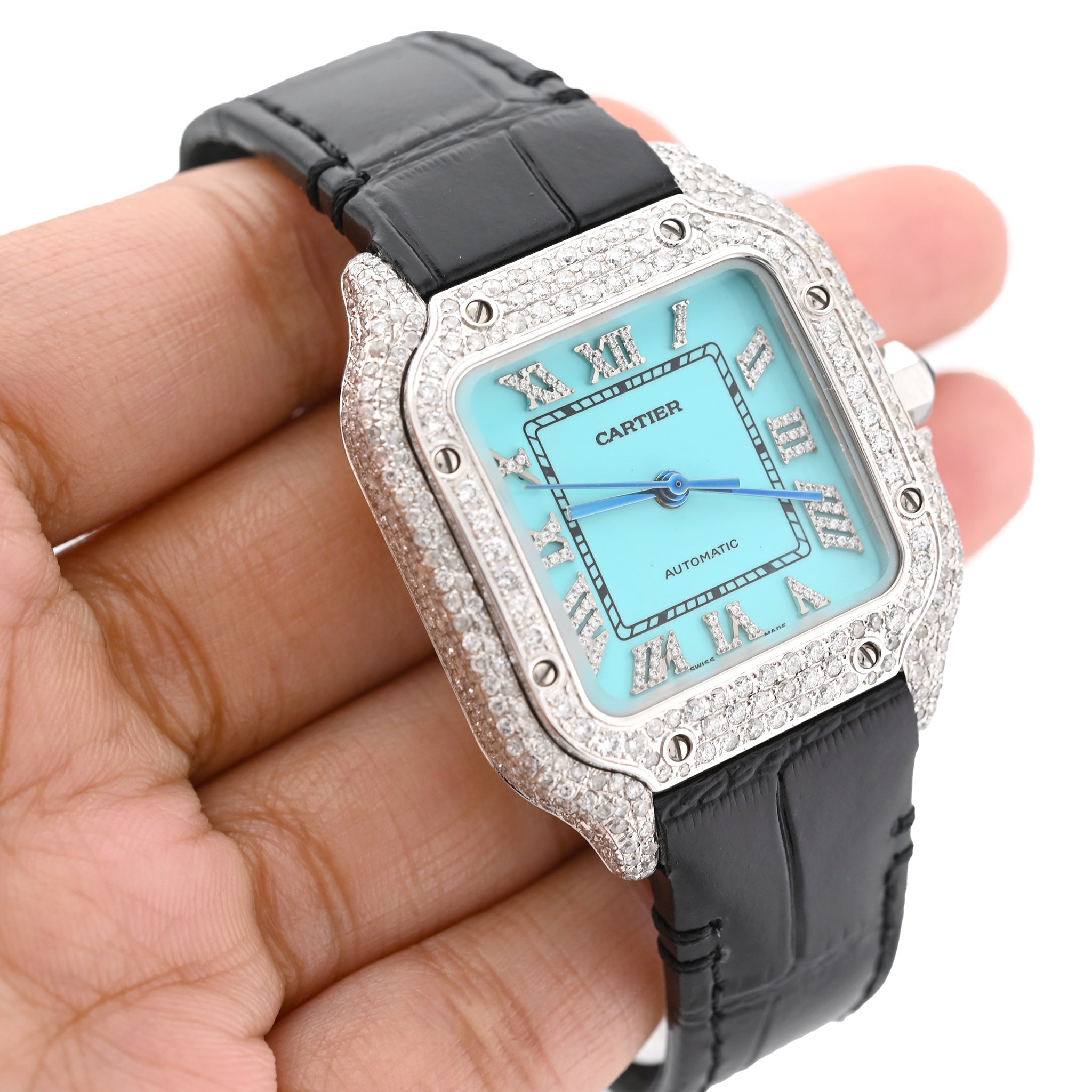 Cartier Santos 35MM 4.5CTW Natural Diamond Leather Strap Band Tiffany Blue Face Watch - Elite Jewelers - Luxury Watch