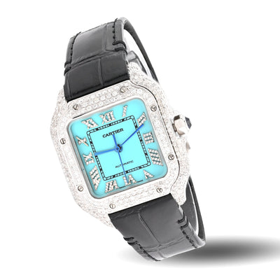 Cartier Santos 35MM 4.5CTW Natural Diamond Leather Strap Band Tiffany Blue Face Watch - Elite Jewelers - Luxury Watch