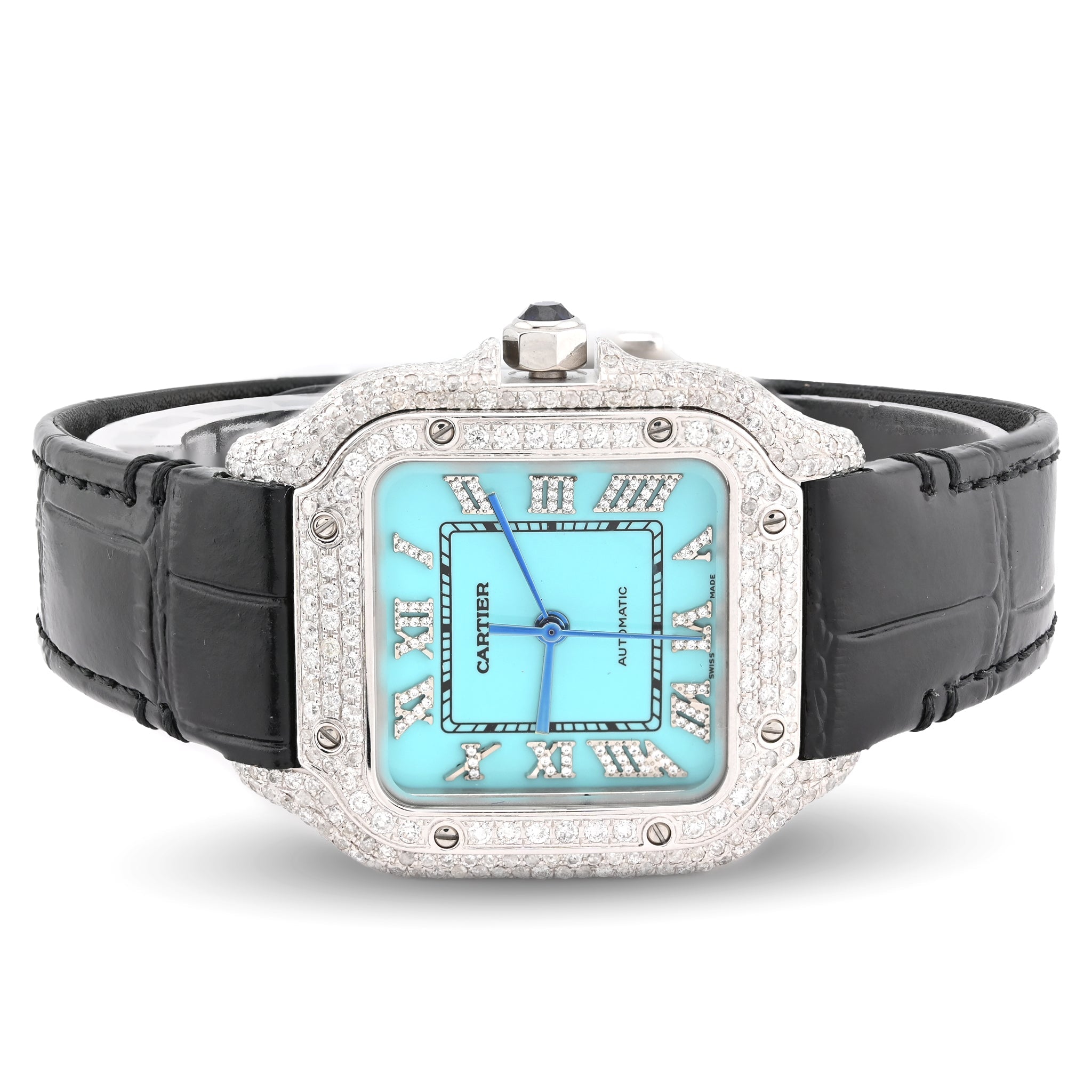Cartier Santos 35MM 4.5CTW Natural Diamond Leather Strap Band Tiffany Blue Face Watch - Elite Jewelers - Luxury Watch