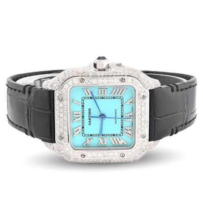 Cartier Santos 35MM 4.5CTW Natural Diamond Leather Strap Band Tiffany Blue Face Watch - Elite Jewelers - Luxury Watch