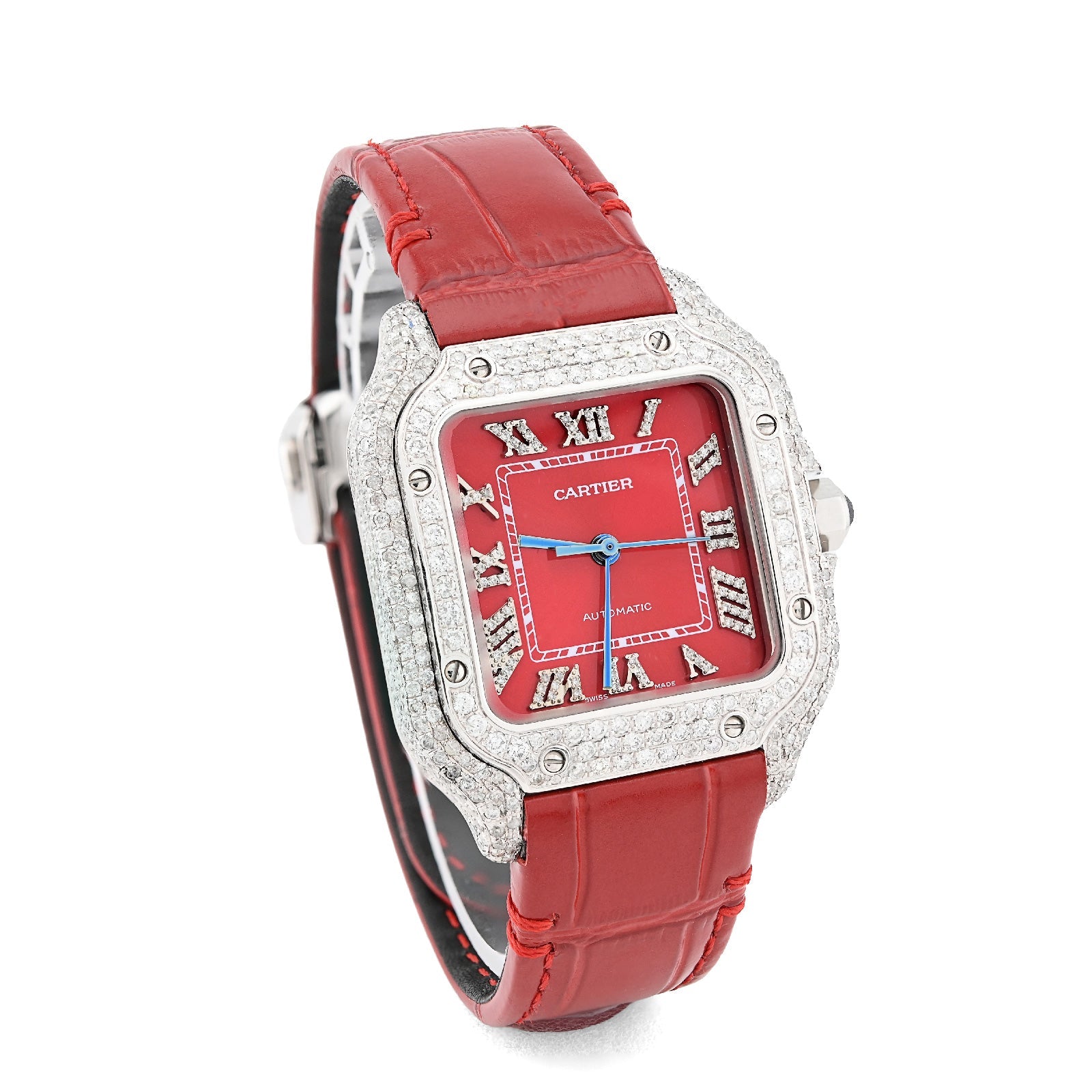 Cartier Santos 35MM Red Face and Leather Band 2CT Natural Diamond Watch - Elite Jewelers - Luxury Watch