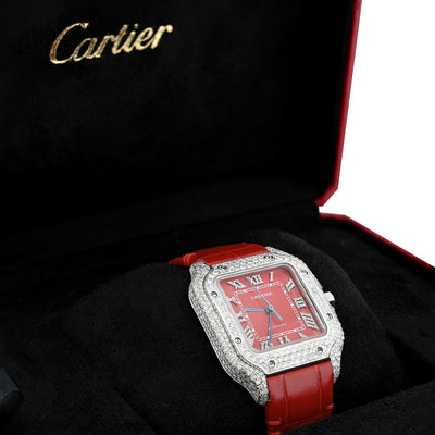 Cartier Santos 35MM Red Face and Leather Band 2CT Natural Diamond Watch - Elite Jewelers - Luxury Watch