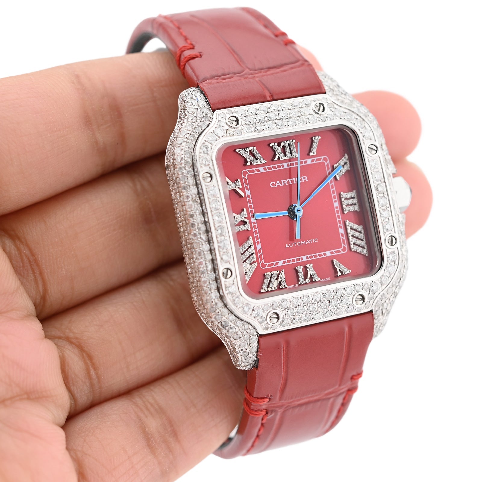 Cartier Santos 35MM Red Face and Leather Band 2CT Natural Diamond Watch - Elite Jewelers - Luxury Watch