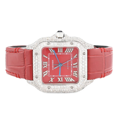 Cartier Santos 35MM Red Face and Leather Band 2CT Natural Diamond Watch - Elite Jewelers - Luxury Watch