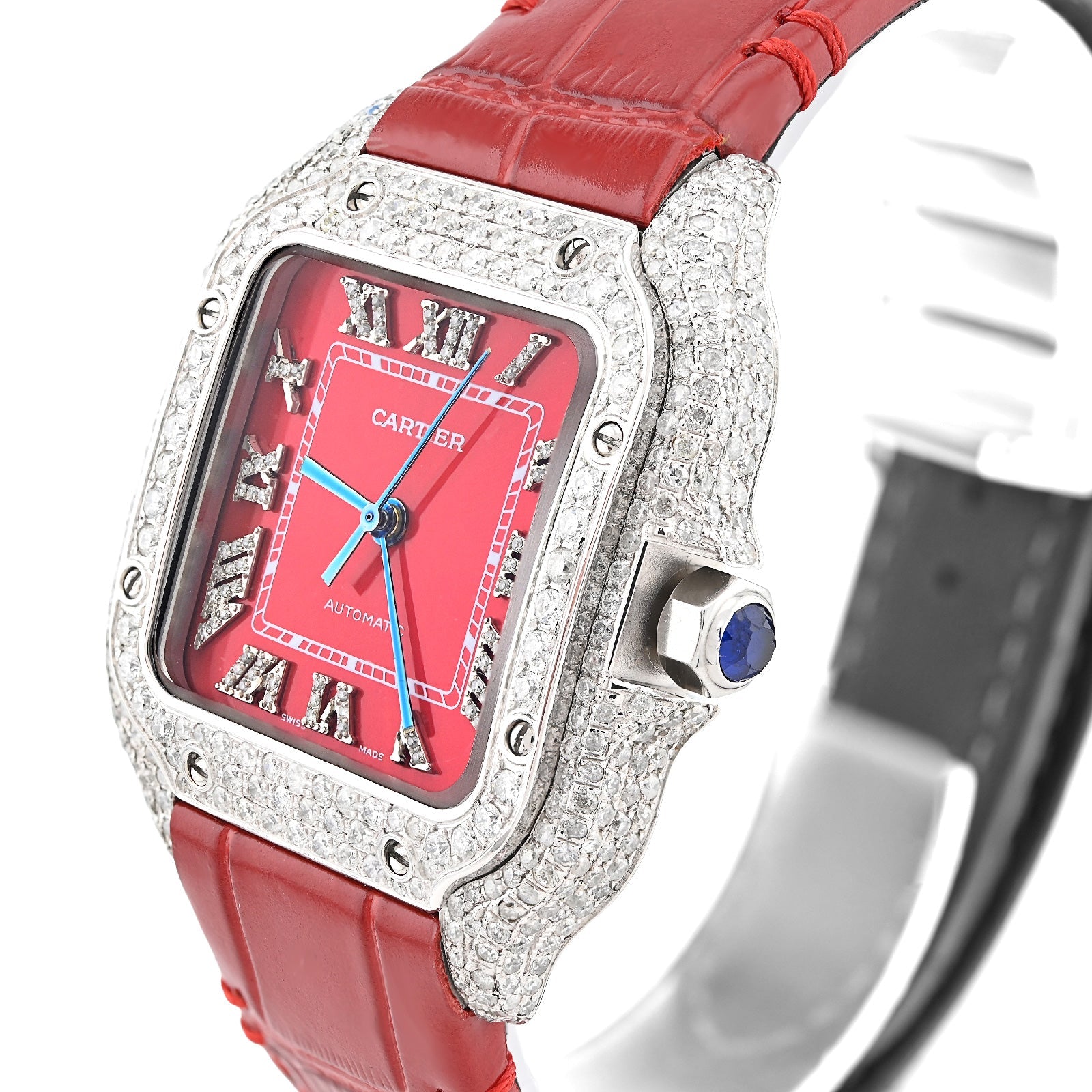 Cartier Santos 35MM Red Face and Leather Band 2CT Natural Diamond Watch - Elite Jewelers - Luxury Watch