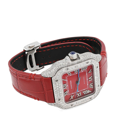 Cartier Santos 35MM Red Face and Leather Band 2CT Natural Diamond Watch - Elite Jewelers - Luxury Watch