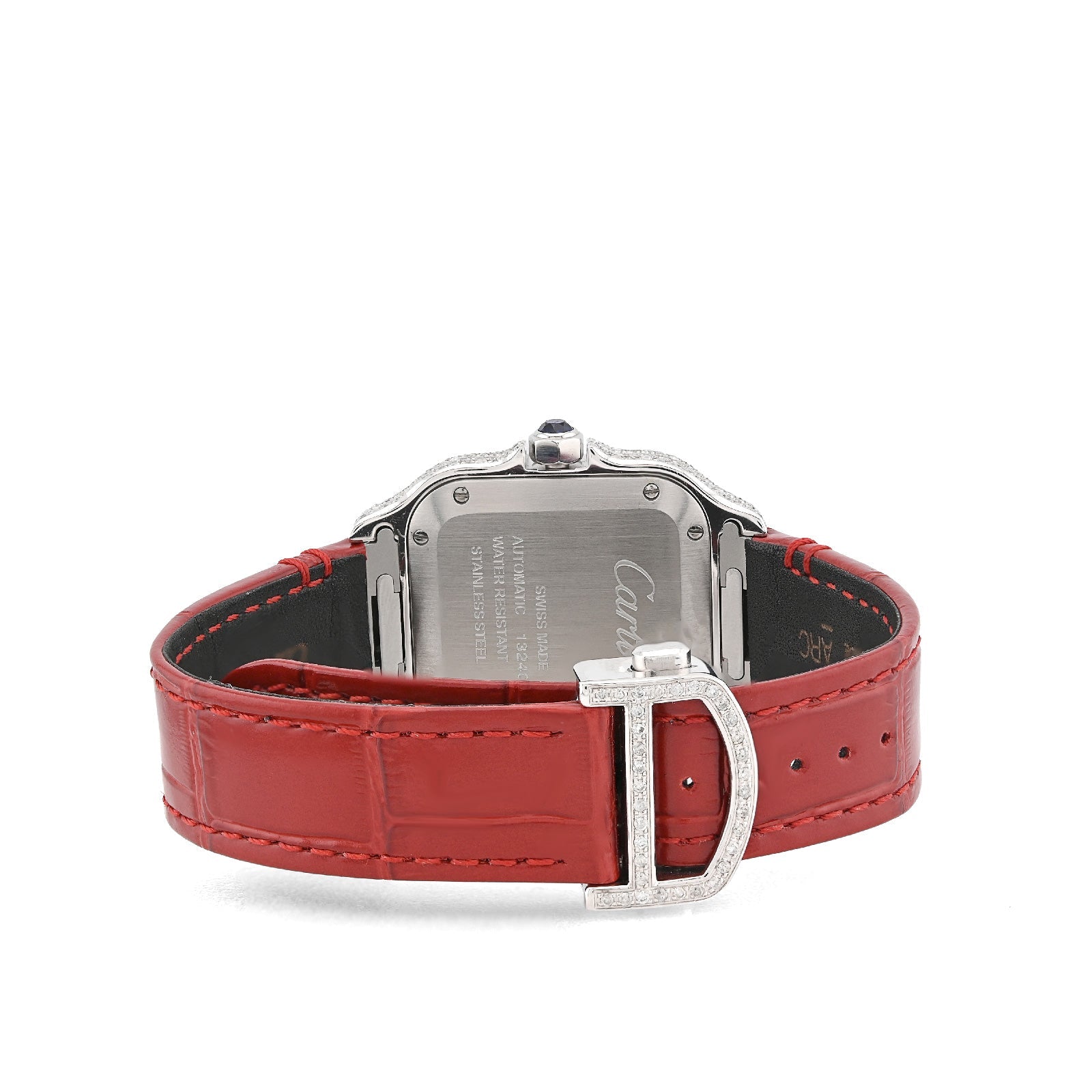 Cartier Santos 35MM Red Face and Leather Band 2CT Natural Diamond Watch - Elite Jewelers - Luxury Watch