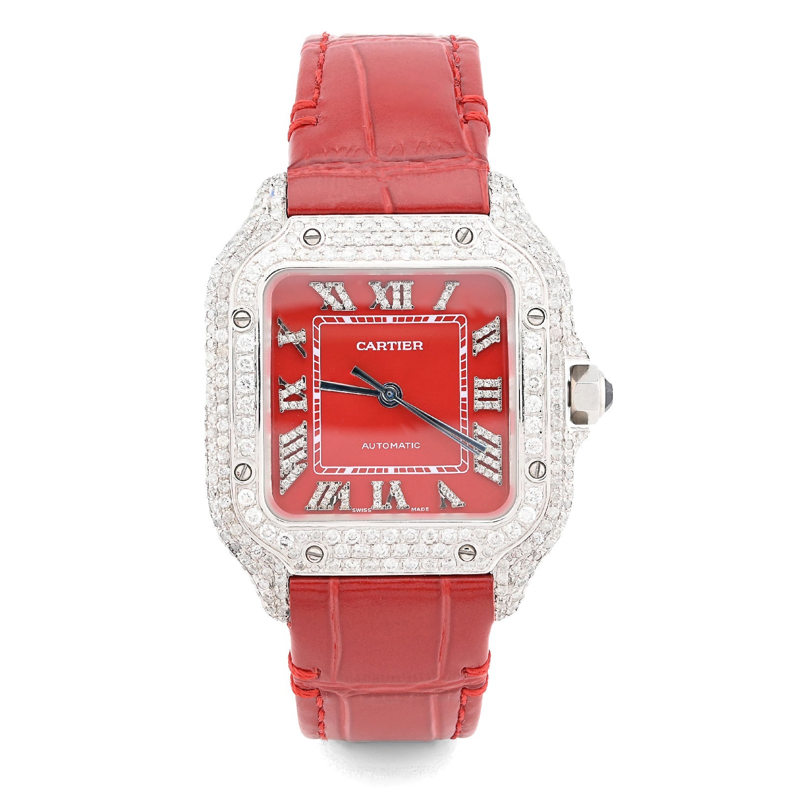 Cartier Santos 35MM Red Face and Leather Band 2CT Natural Diamond Watch - Elite Jewelers - Luxury Watch