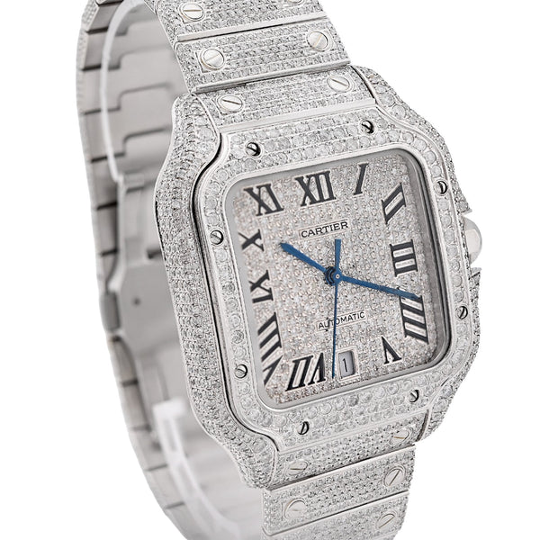 Cartier Santos 40MM 12CT Natural Diamond All White Bussdown Watch - Elite Jewelers - Luxury Watch
